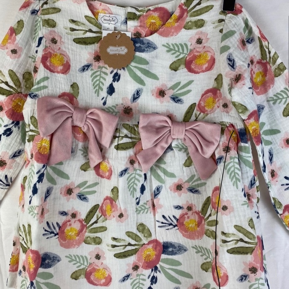 NWT Mudpie Top 3T Gauze Floral Tunic Long Sleeve Pink Bows. Button Back CUTE NEW
